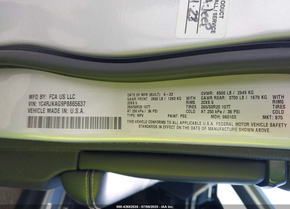 2023 JEEP GRAND CHEROKEE L VIN: 1C4RJKAG9P8865637