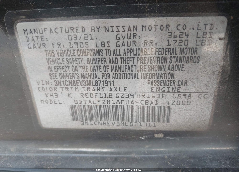 2021 NISSAN VERSA VIN: 3N1CN8EV3ML871911