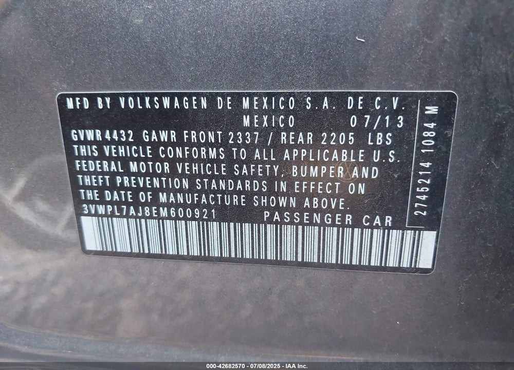 2014 VOLKSWAGEN JETTA VIN: 3VWPL7AJ8EM600921