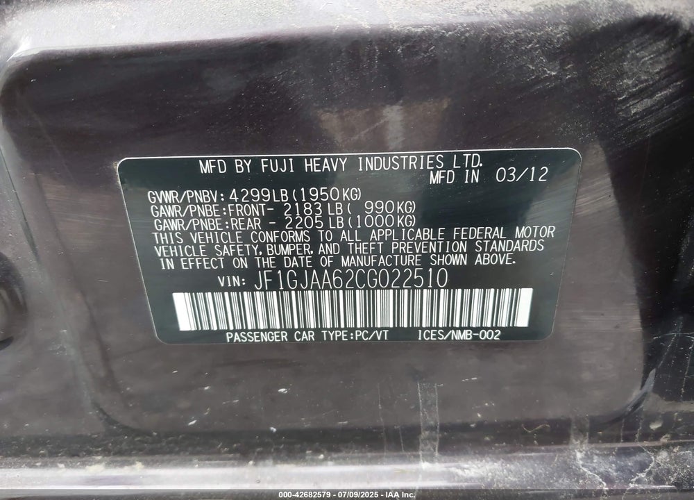 2012 SUBARU IMPREZA VIN: JF1GJAA62CG022510