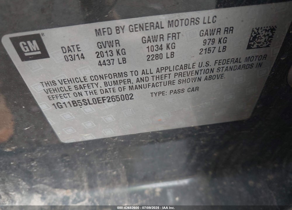 2014 CHEVROLET MALIBU VIN: 1G11B5SL0EF265002