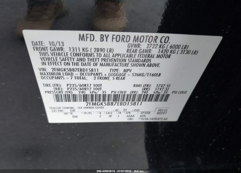 2014 FORD FLEX VIN: 2FMGK5B87EBD15811