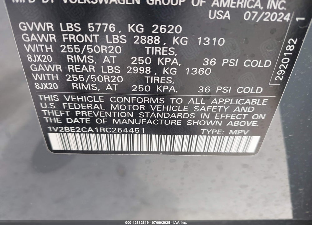 2024 VOLKSWAGEN ATLAS CROSS SPORT VIN: 1V2BE2CA1RC254451