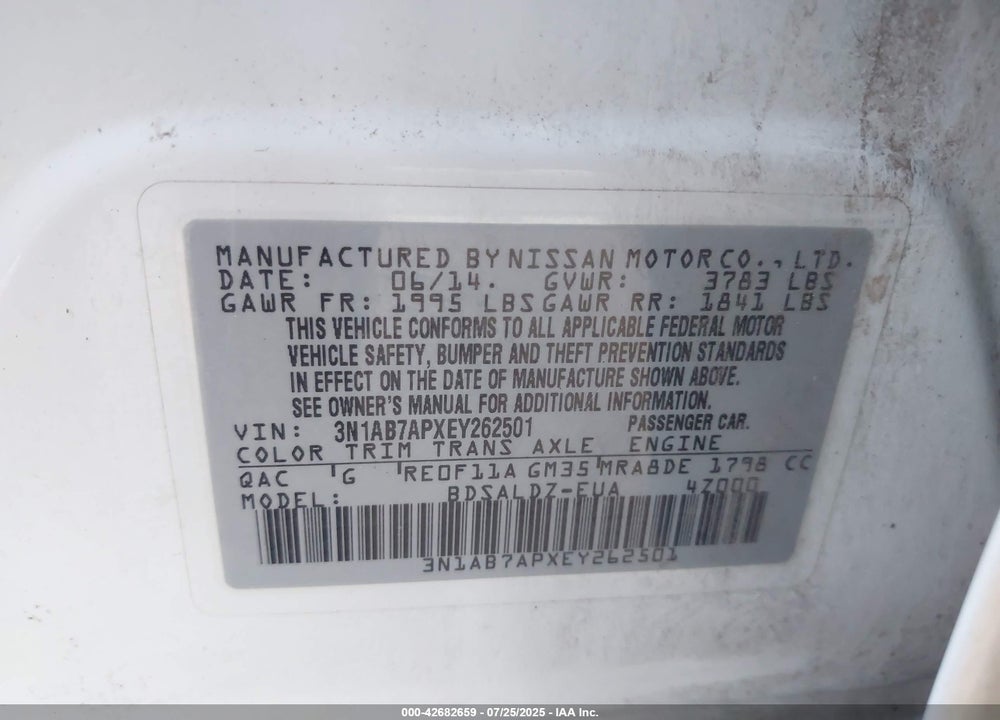 2014 NISSAN SENTRA VIN: 3N1AB7APXEY262501