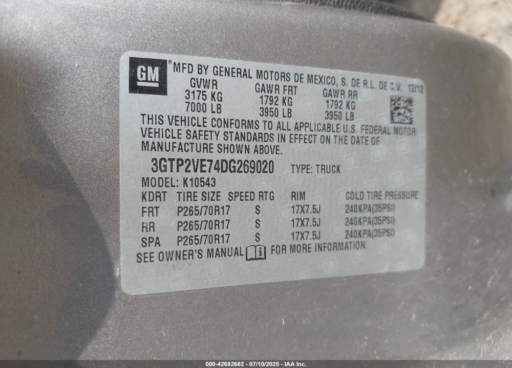 2013 GMC SIERRA 1500 VIN: 3GTP2VE74DG269020