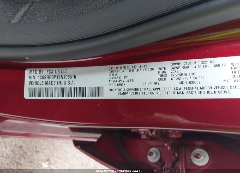 2025 RAM 1500 VIN: 1C6SRFBP1SN706516