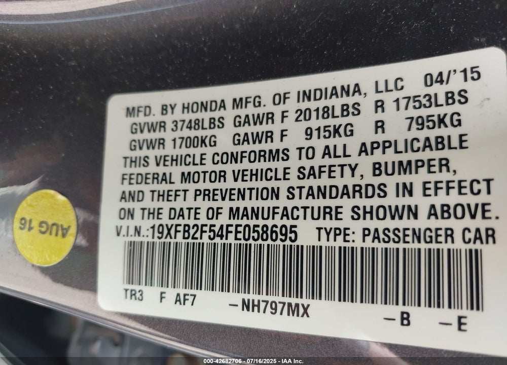 2015 HONDA CIVIC VIN: 19XFB2F54FE058695