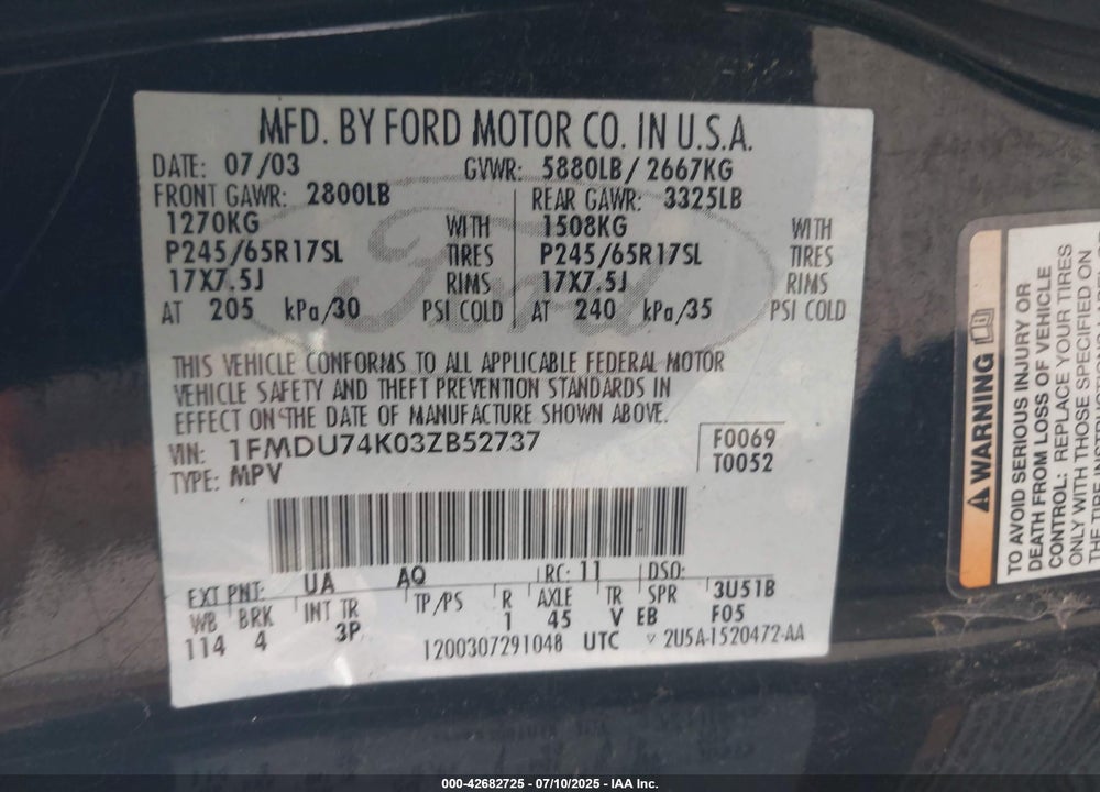 2003 FORD EXPLORER EDDIE BAUER VIN: 1FMDU74K03ZB52737