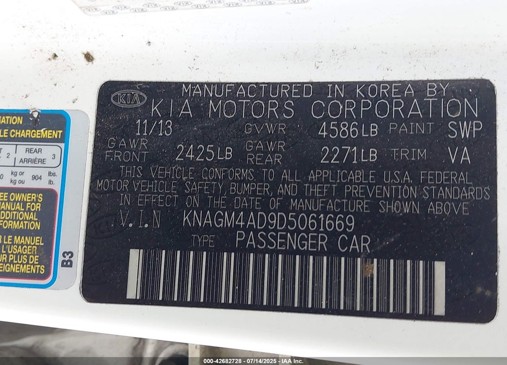 2013 KIA OPTIMA HYBRID VIN: KNAGM4AD9D5061669