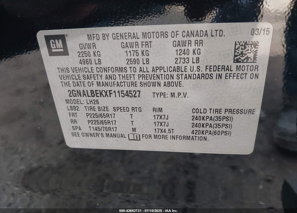 2015 CHEVROLET EQUINOX VIN: 2GNALBEKXF1154527