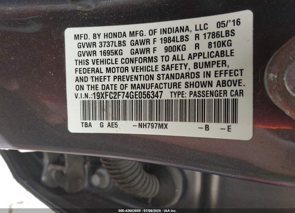 2016 HONDA CIVIC VIN: 19XFC2F74GE056347