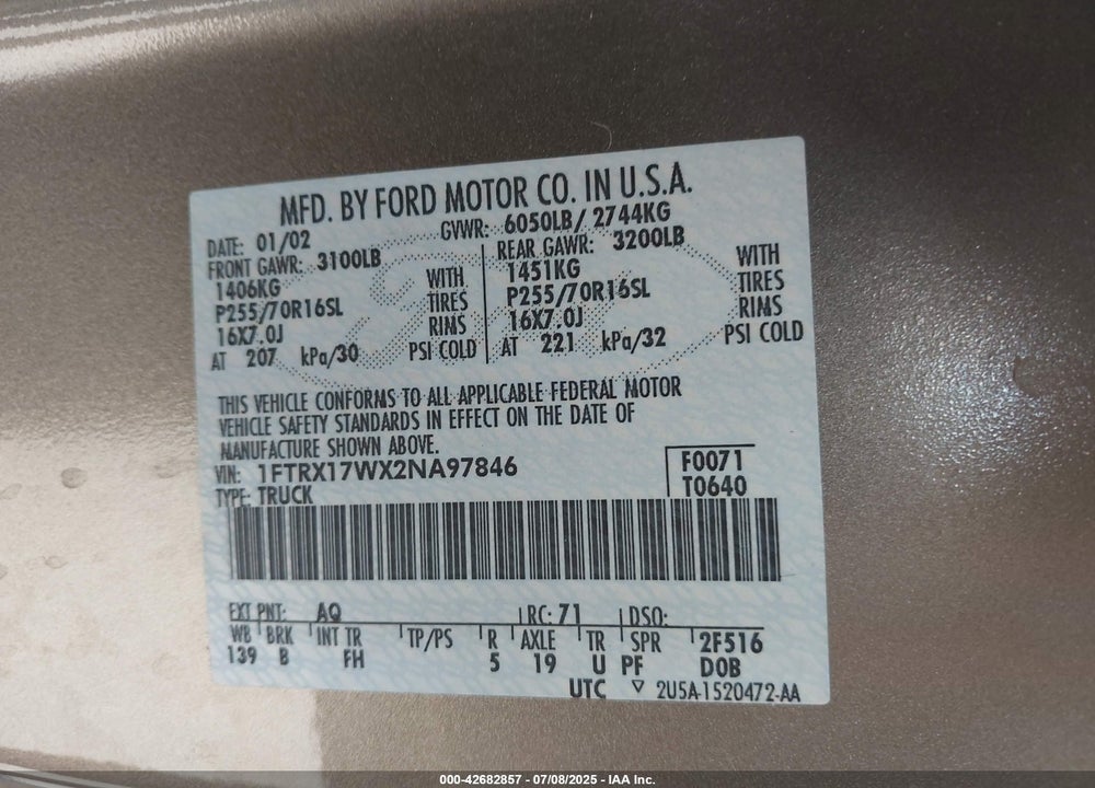 2002 FORD F-150 LARIAT/XL/XLT VIN: 1FTRX17WX2NA97846