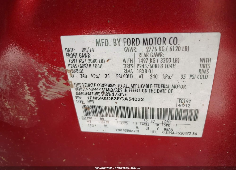 2015 FORD EXPLORER VIN: 1FM5K8D83FGA54032
