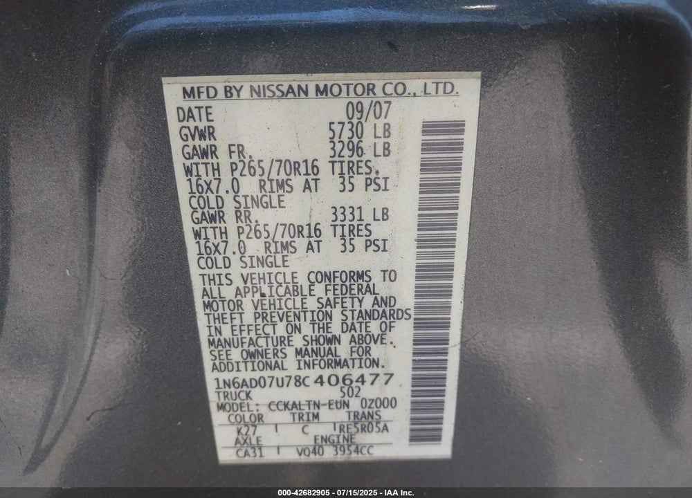 2008 NISSAN FRONTIER VIN: 1N6AD07U78C406477