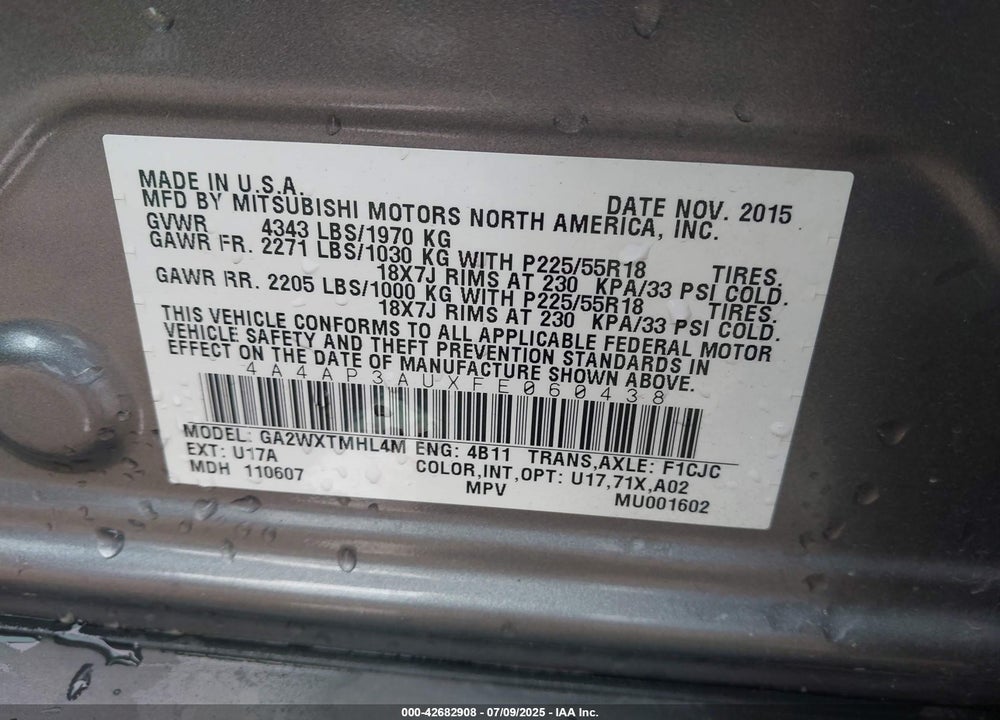 2015 MITSUBISHI OUTLANDER SPORT VIN: 4A4AP3AUXFE060438