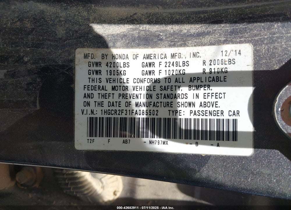 2015 HONDA ACCORD VIN: 1HGCR2F31FA085502