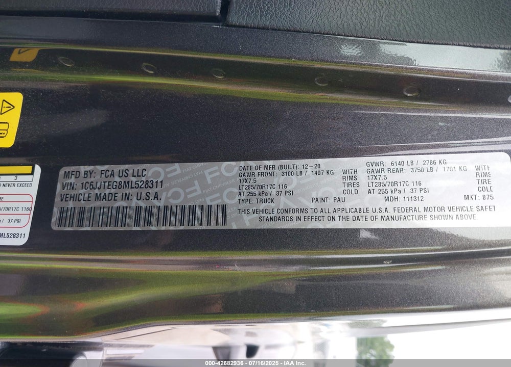 2021 JEEP GLADIATOR VIN: 1C6JJTEG8ML528311