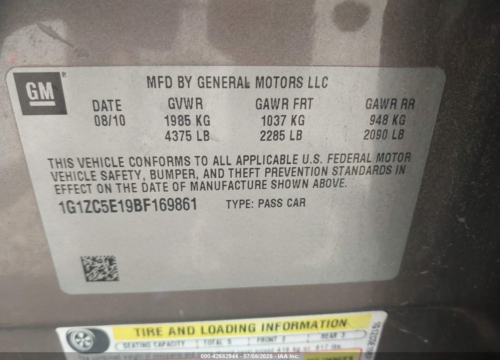 2011 CHEVROLET MALIBU VIN: 1G1ZC5E19BF169861