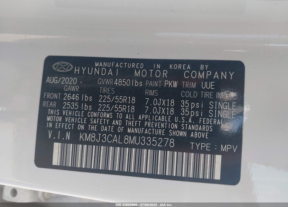 2021 HYUNDAI TUCSON VIN: KM8J3CAL8MU335278
