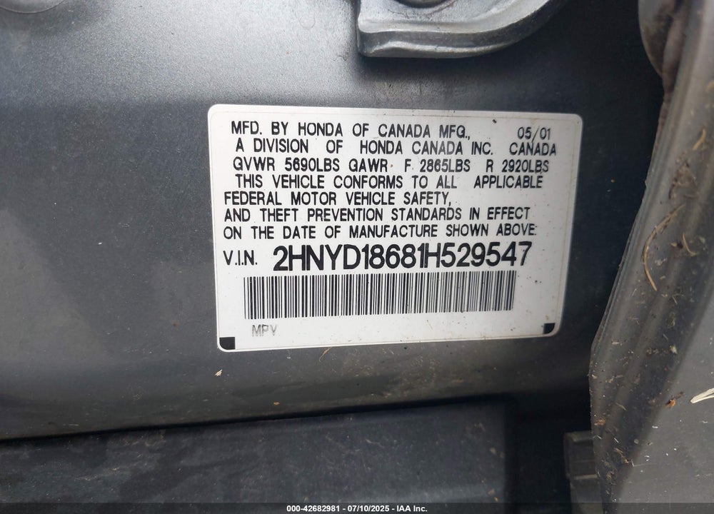 2001 ACURA MDX VIN: 2HNYD18681H529547