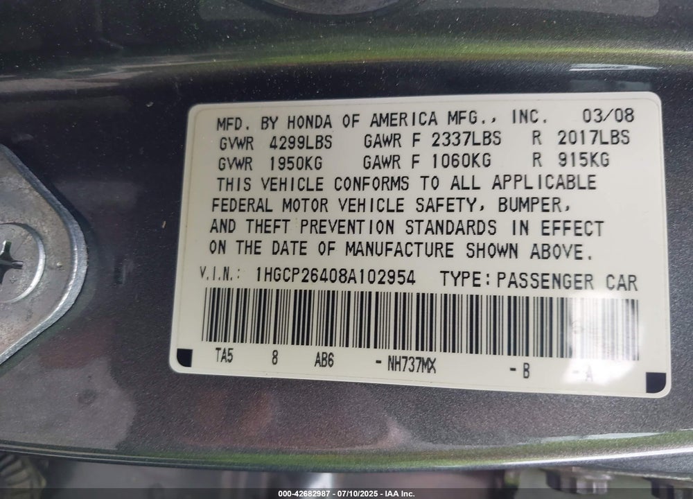2008 HONDA ACCORD VIN: 1HGCP26408A102954