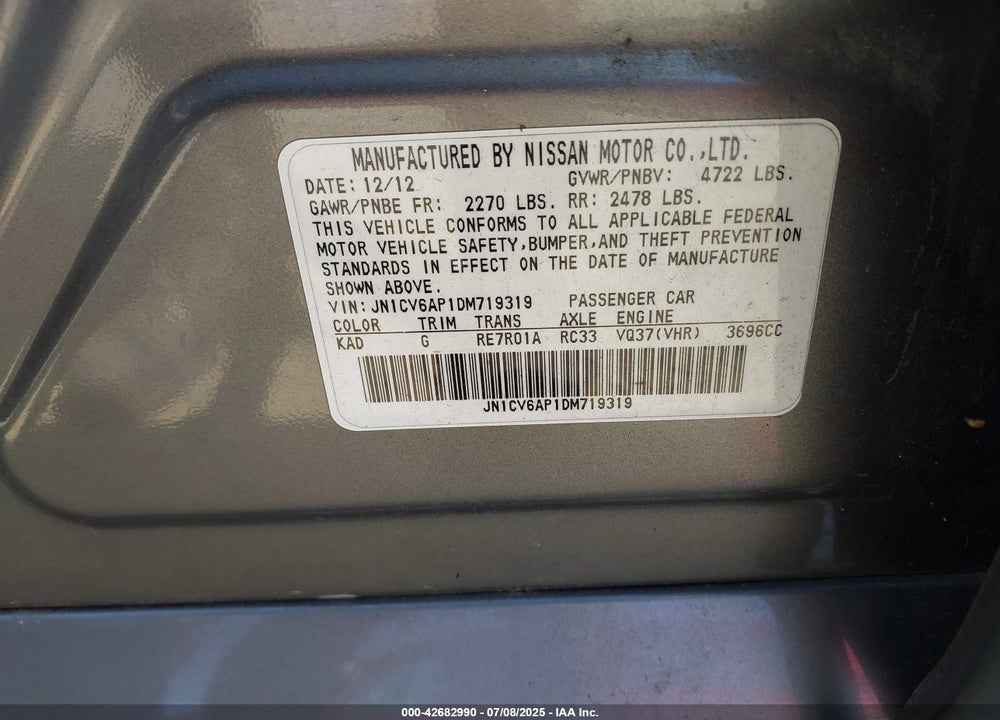 2013 INFINITI G37 VIN: JN1CV6AP1DM719319