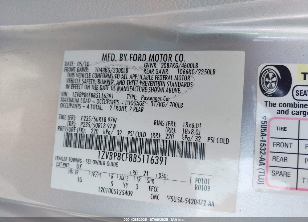 2011 FORD MUSTANG GT VIN: 1ZVBP8CF8B5116391