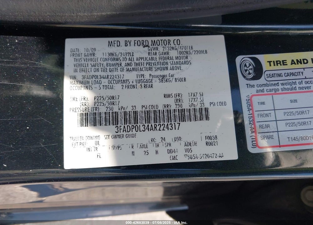 2010 FORD FUSION HYBRID VIN: 3FADP0L34AR224317