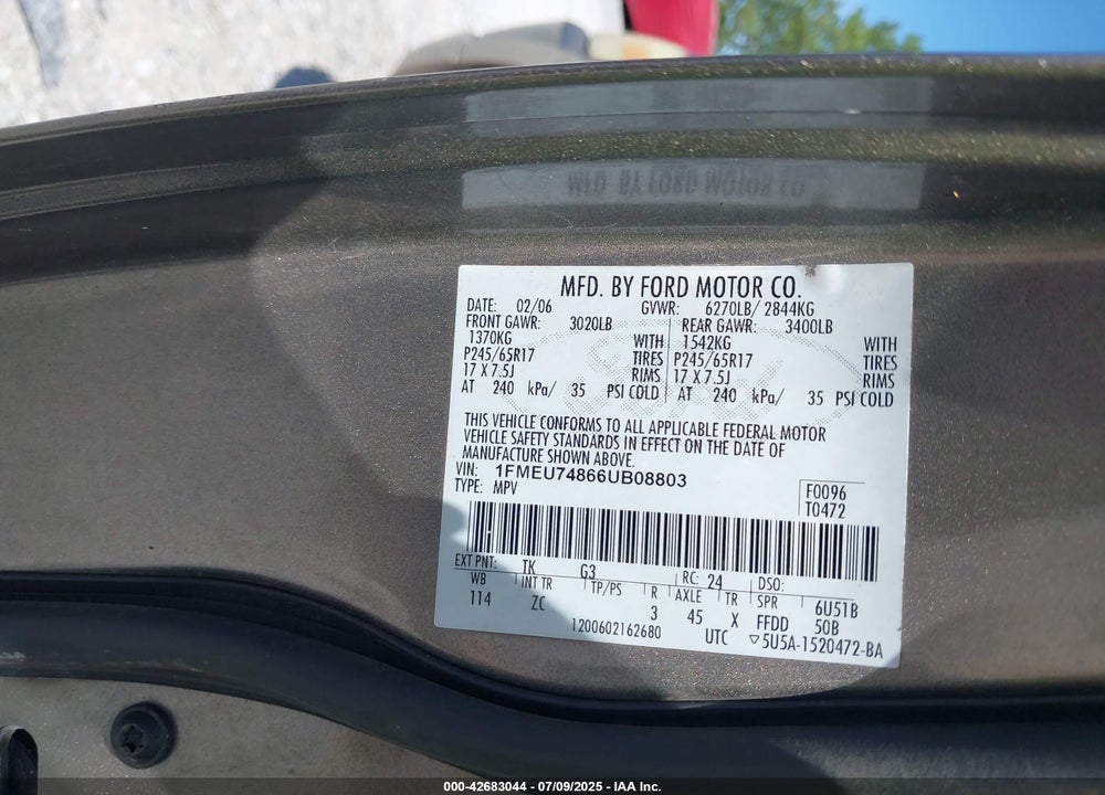 2006 FORD EXPLORER VIN: 1FMEU74866UB08803