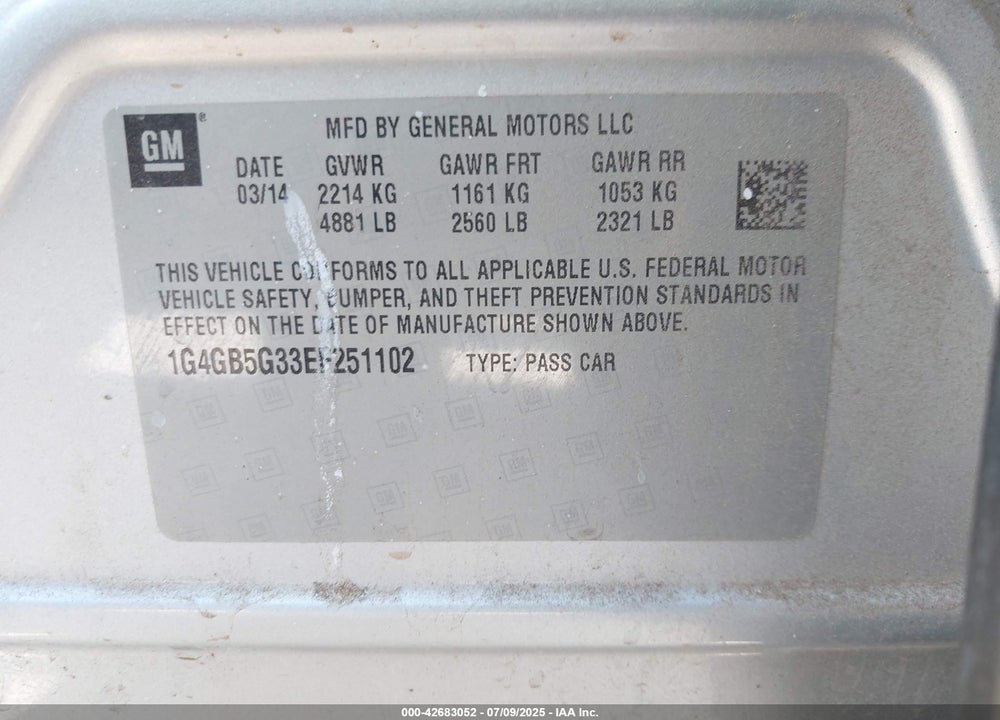 2014 BUICK LACROSSE VIN: 1G4GB5G33EF251102