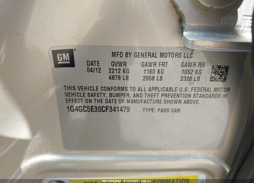 2012 BUICK LACROSSE VIN: 1G4GC5E30CF341479