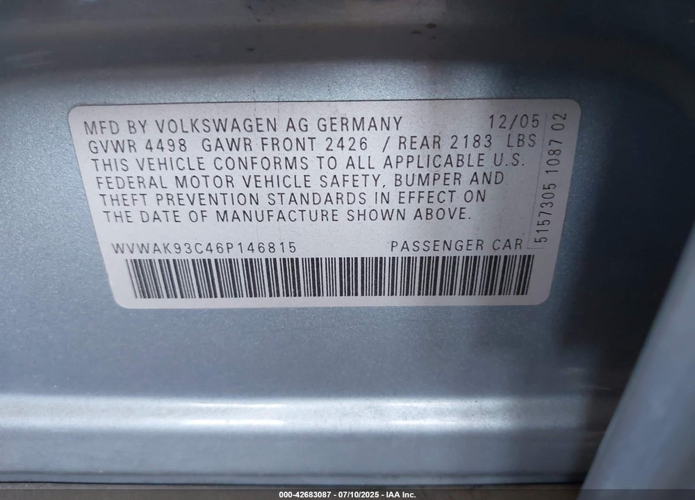 2006 VOLKSWAGEN PASSAT VIN: WVWAK93C46P146815