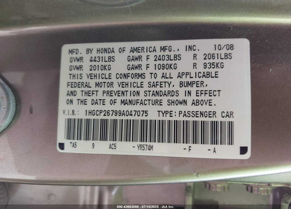 2009 HONDA ACCORD VIN: 1HGCP26799A047075