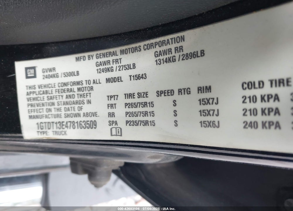 2007 GMC CANYON VIN: 1GTDT13E478163509
