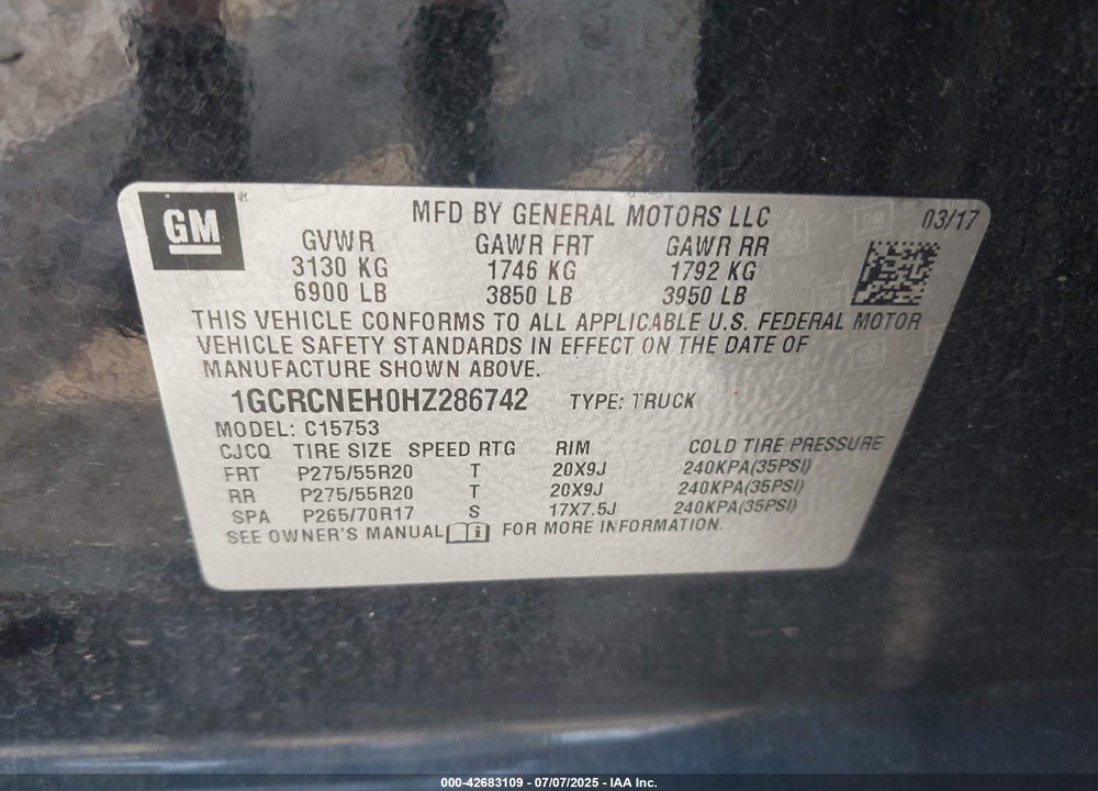 2017 CHEVROLET SILVERADO 1500 VIN: 1GCRCNEH0HZ286742