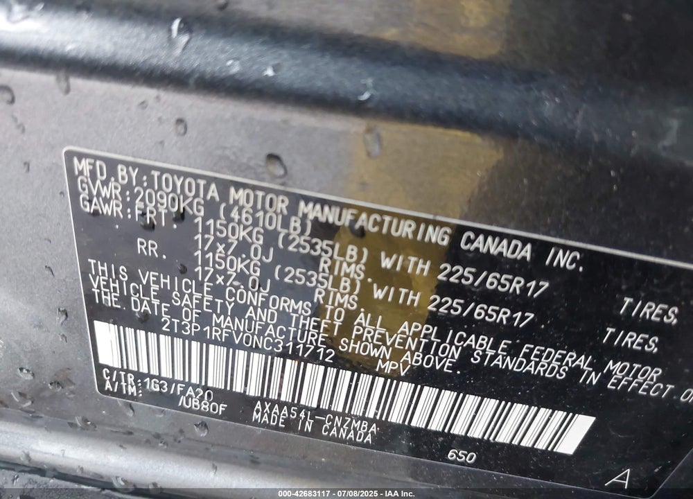 2022 TOYOTA RAV4 VIN: 2T3P1RFV0NC311712