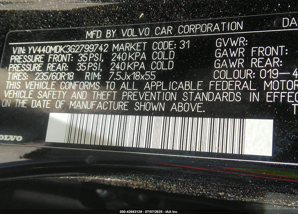 2016 VOLVO XC60 VIN: YV440MDK3G2799742