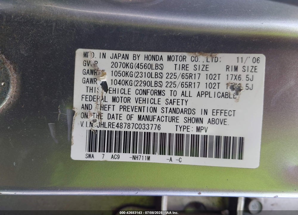 2007 HONDA CR-V EX-L VIN: JHLRE48787C033776