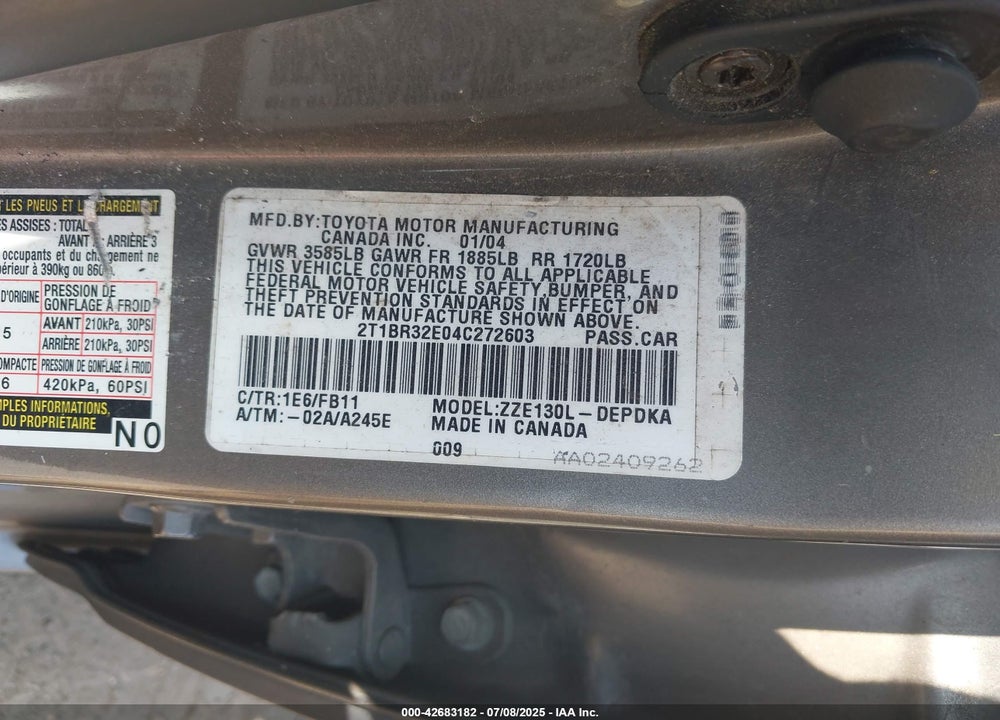 2004 TOYOTA COROLLA CE VIN: 2T1BR32E04C272603