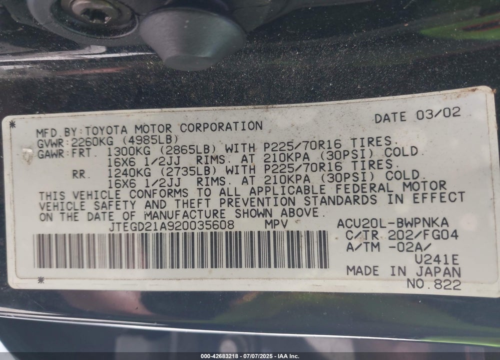 2002 TOYOTA HIGHLANDER VIN: JTEGD21A920035608