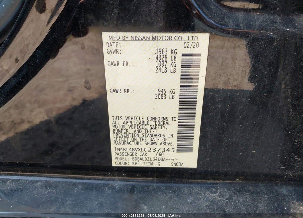 2020 NISSAN ALTIMA VIN: 1N4BL4BVXLC237345