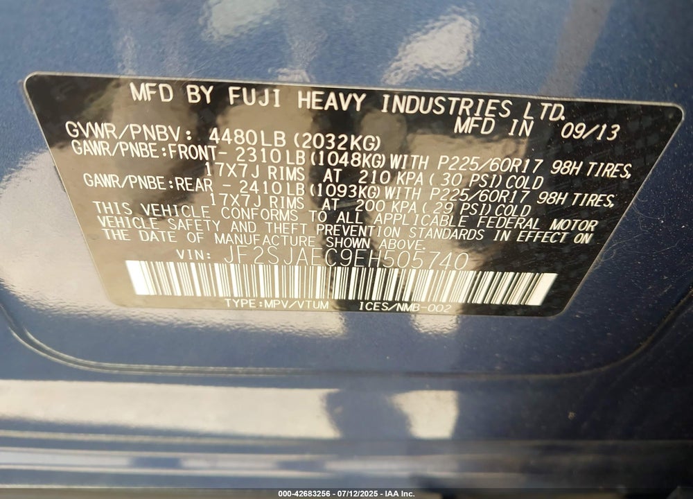 2014 SUBARU FORESTER VIN: JF2SJAEC9EH505740