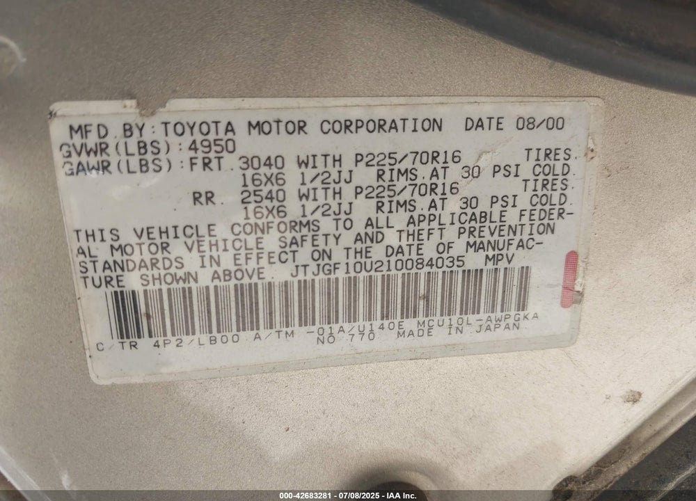 2001 LEXUS RX 300 VIN: JTJGF10U210084035