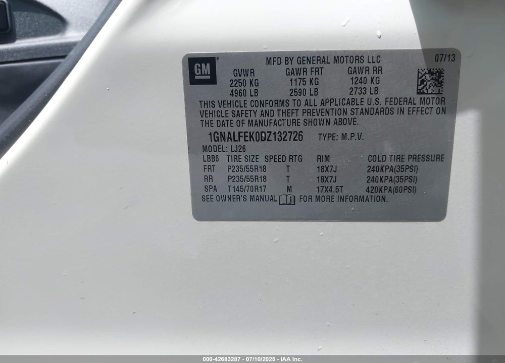 2013 CHEVROLET EQUINOX LTZ VIN: 1GNALFEK0DZ132726