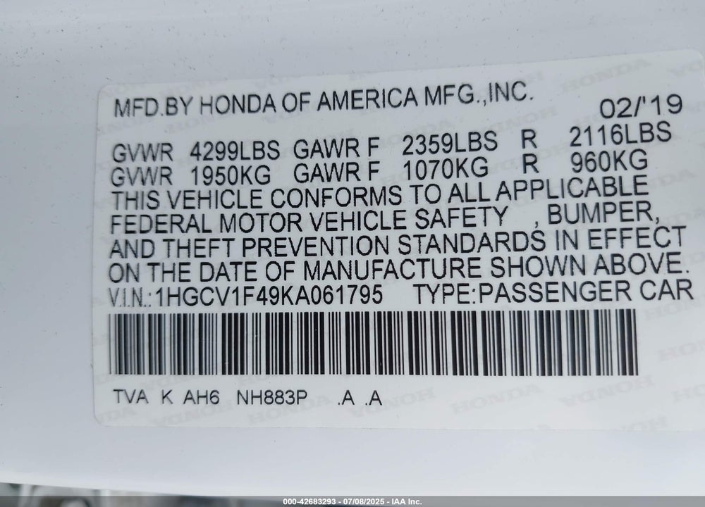 2019 HONDA ACCORD VIN: 1HGCV1F49KA061795