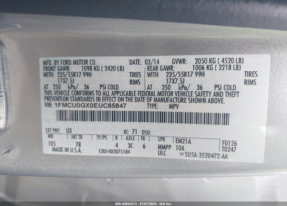 2014 FORD ESCAPE VIN: 1FMCU0GX0EUC85847