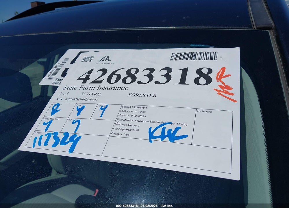 2015 SUBARU FORESTER VIN: JF2SJADC4FH549809