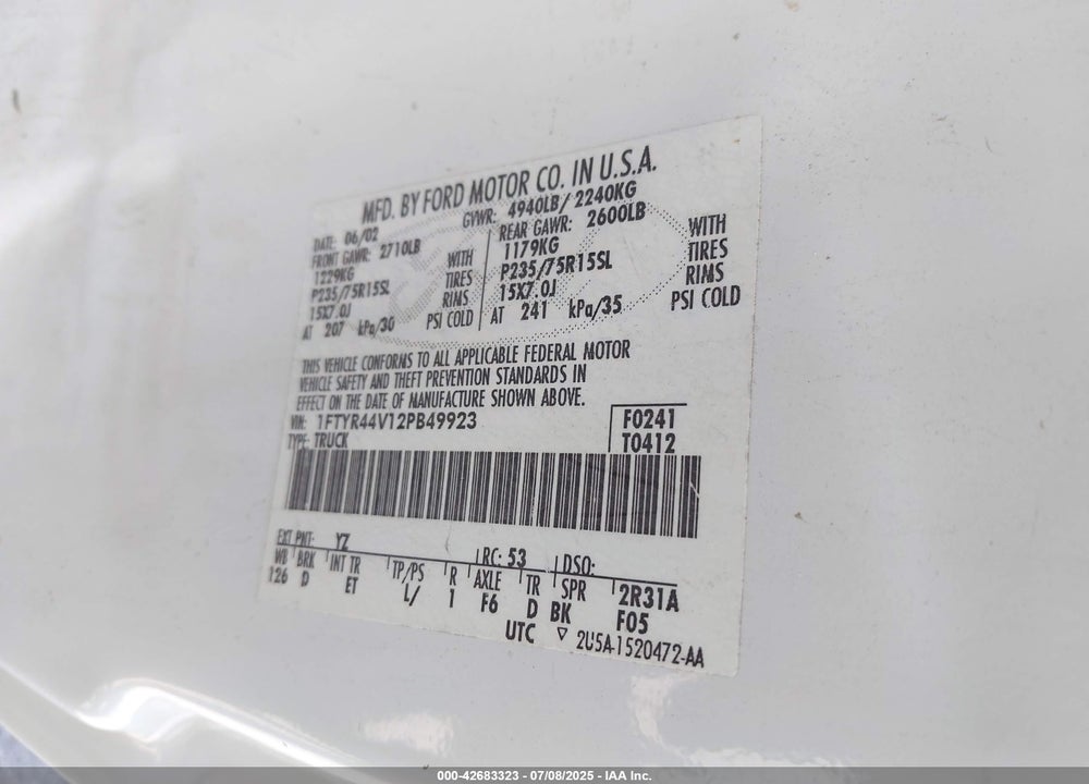 2002 FORD RANGER EDGE/TREMOR/XLT VIN: 1FTYR44V12PB49923