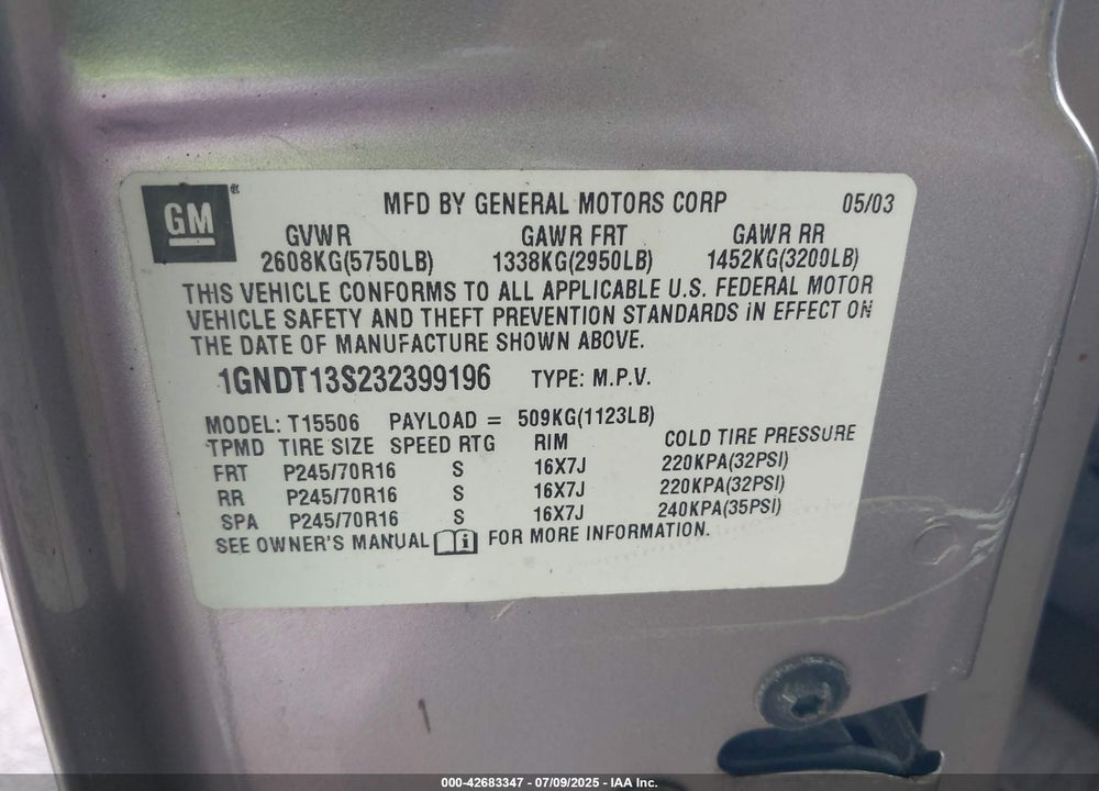 2003 CHEVROLET TRAILBLAZER LT VIN: 1GNDT13S232399196