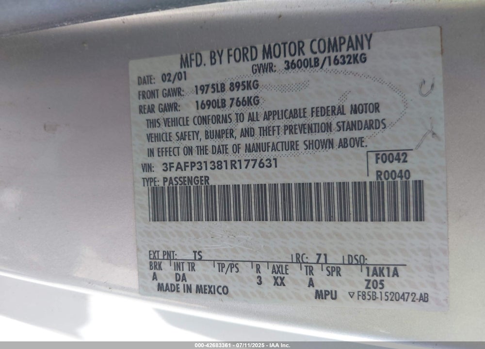 2001 FORD FOCUS ZX3 VIN: 3FAFP31381R177631